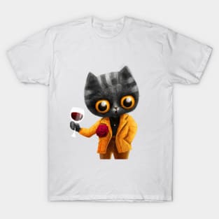 Cute cat in yellow jacket with wine T-Shirt